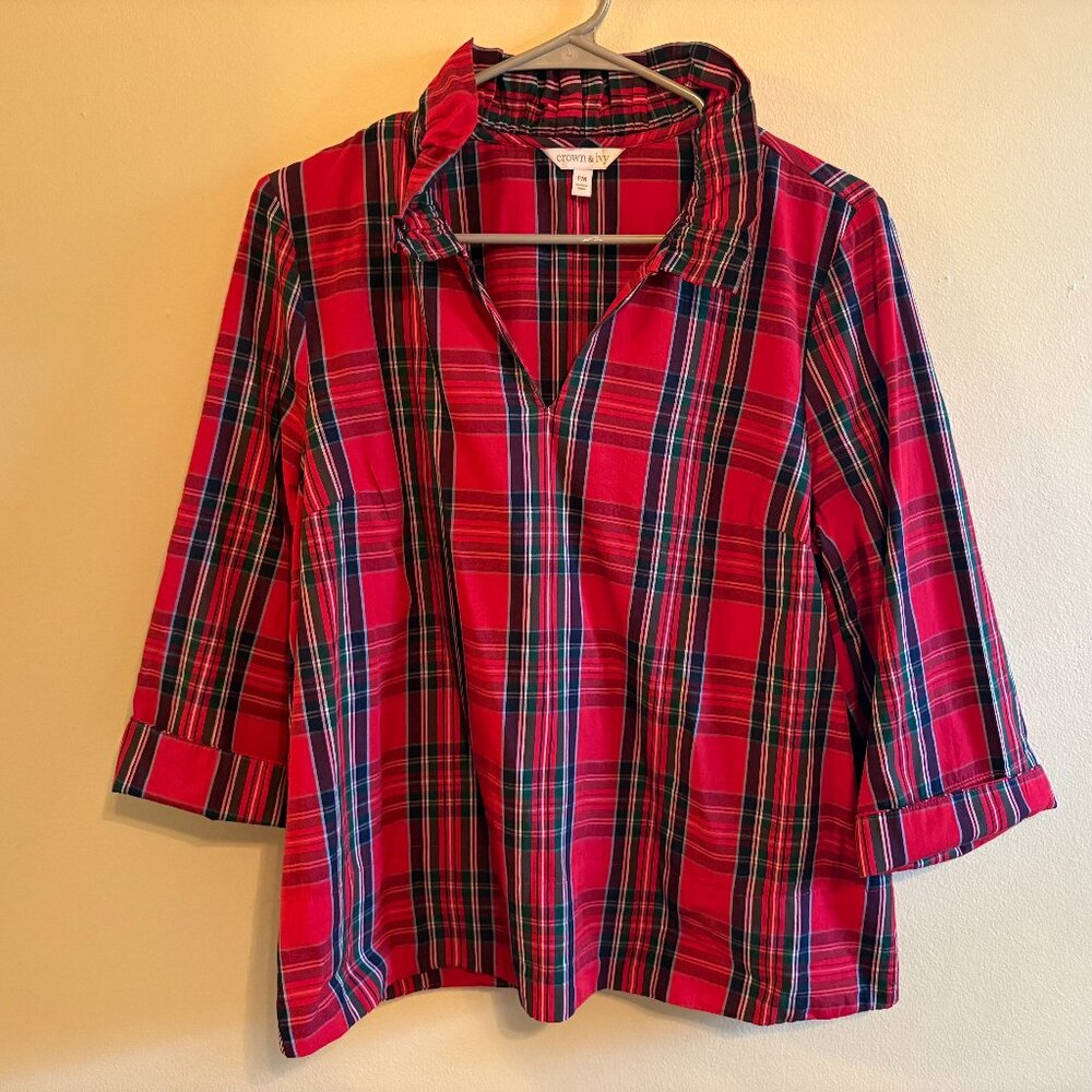crown & ivy Red and Navy Plaid Button-Style Blouse